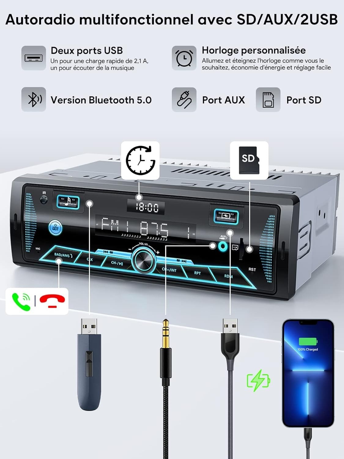 Autoradio RDS│Bluetooth 5.0│écran LCD│7 couleurs│FM/AM│USB│SD│AUX│TF│4x65W - Image 3