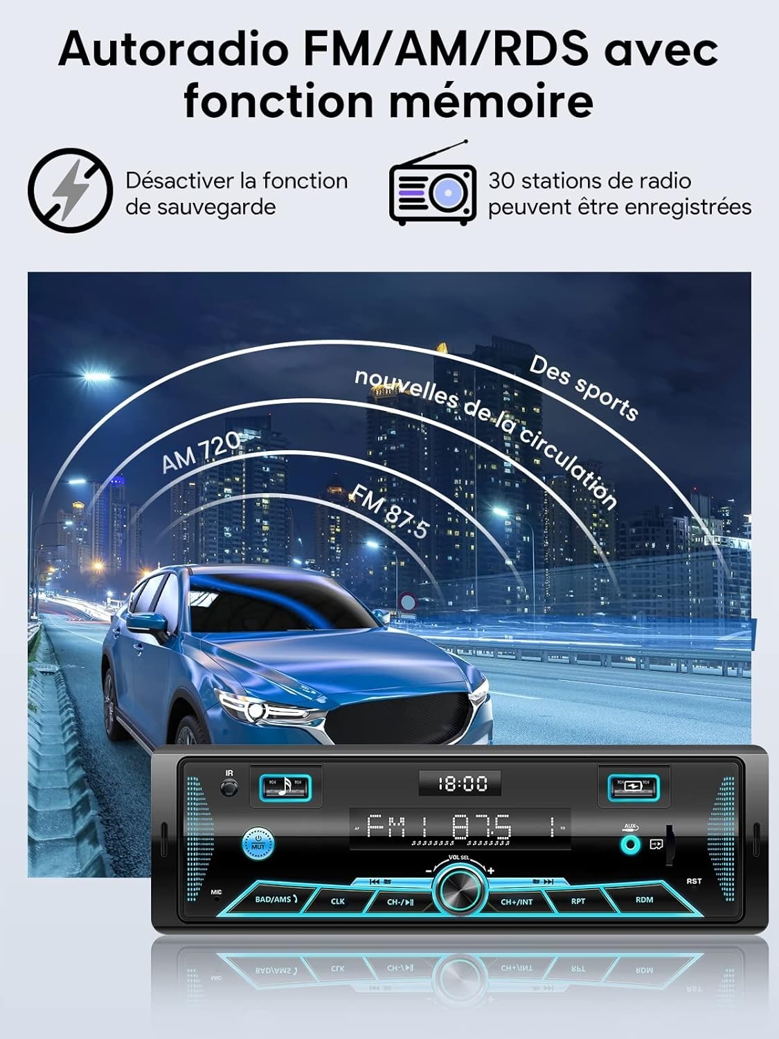 Autoradio RDS│Bluetooth 5.0│écran LCD│7 couleurs│FM/AM│USB│SD│AUX│TF│4x65W - Image 4