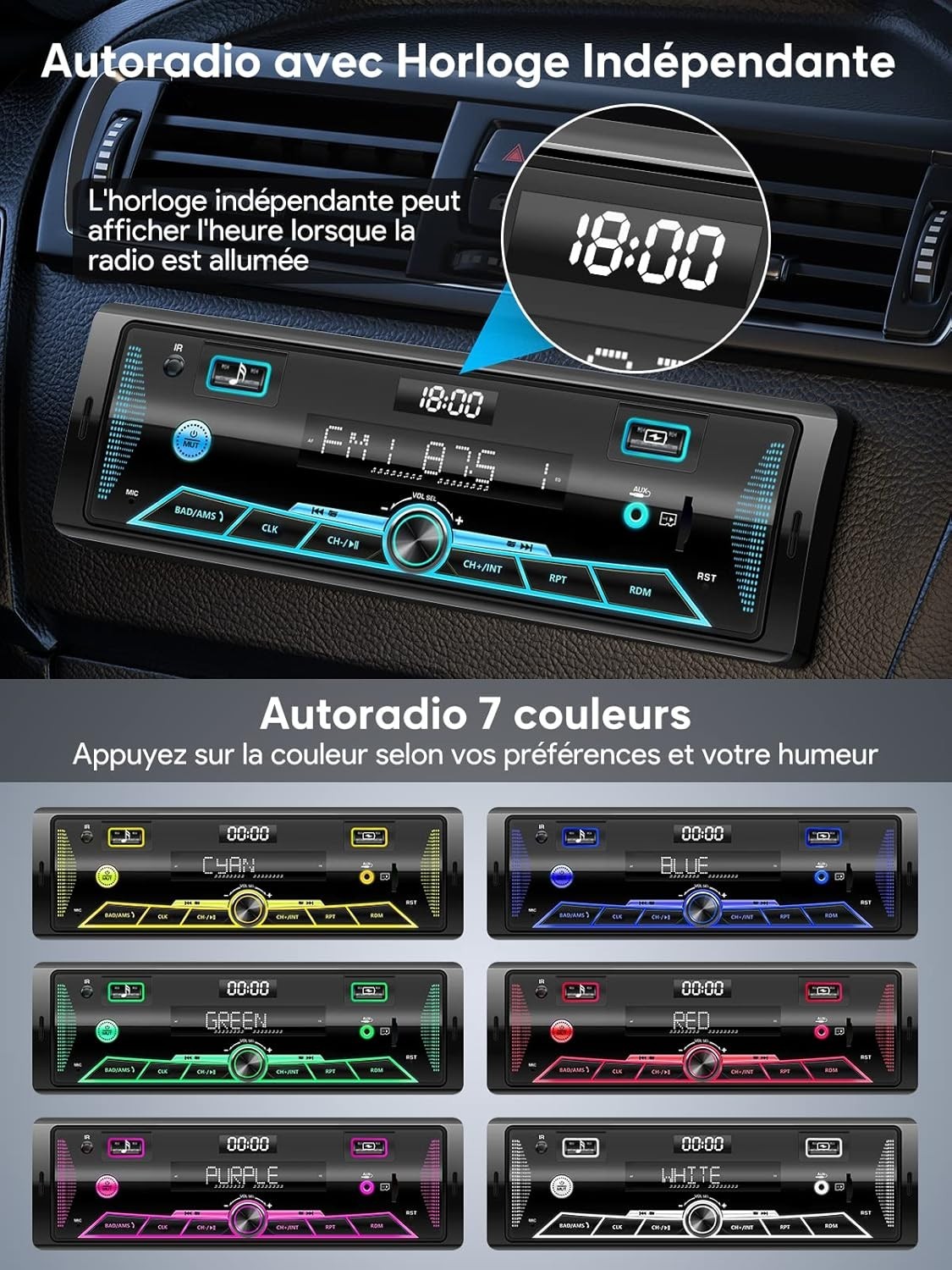 Autoradio RDS│Bluetooth 5.0│écran LCD│7 couleurs│FM/AM│USB│SD│AUX│TF│4x65W - Image 5