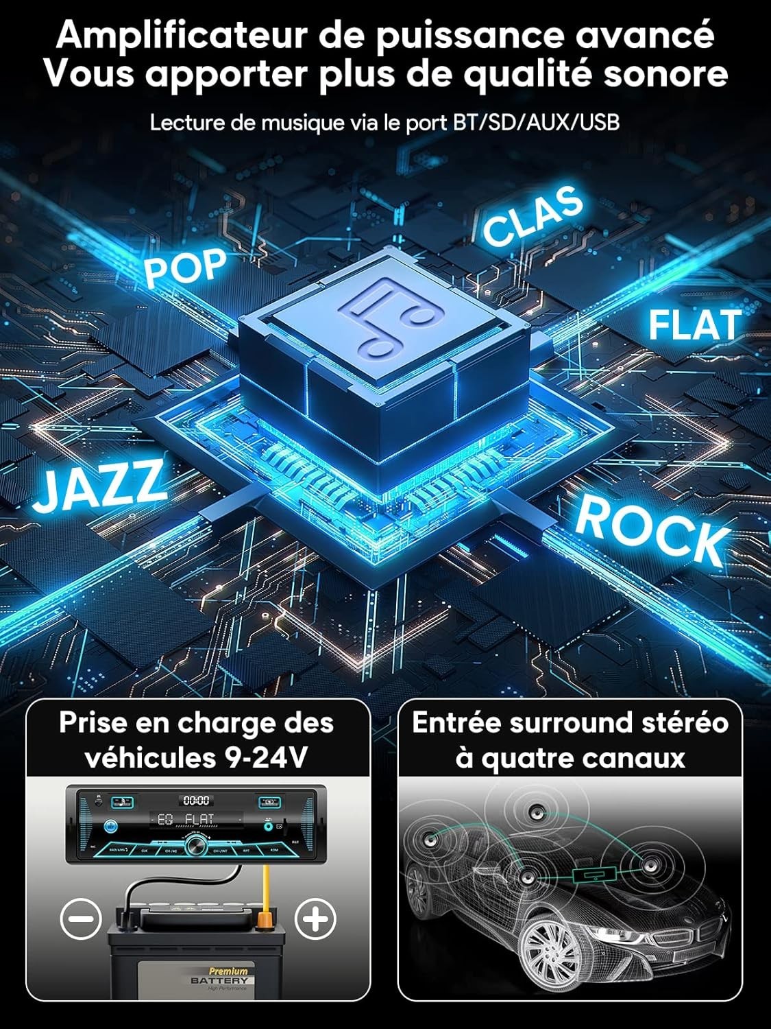 Autoradio RDS│Bluetooth 5.0│écran LCD│7 couleurs│FM/AM│USB│SD│AUX│TF│4x65W - Image 6