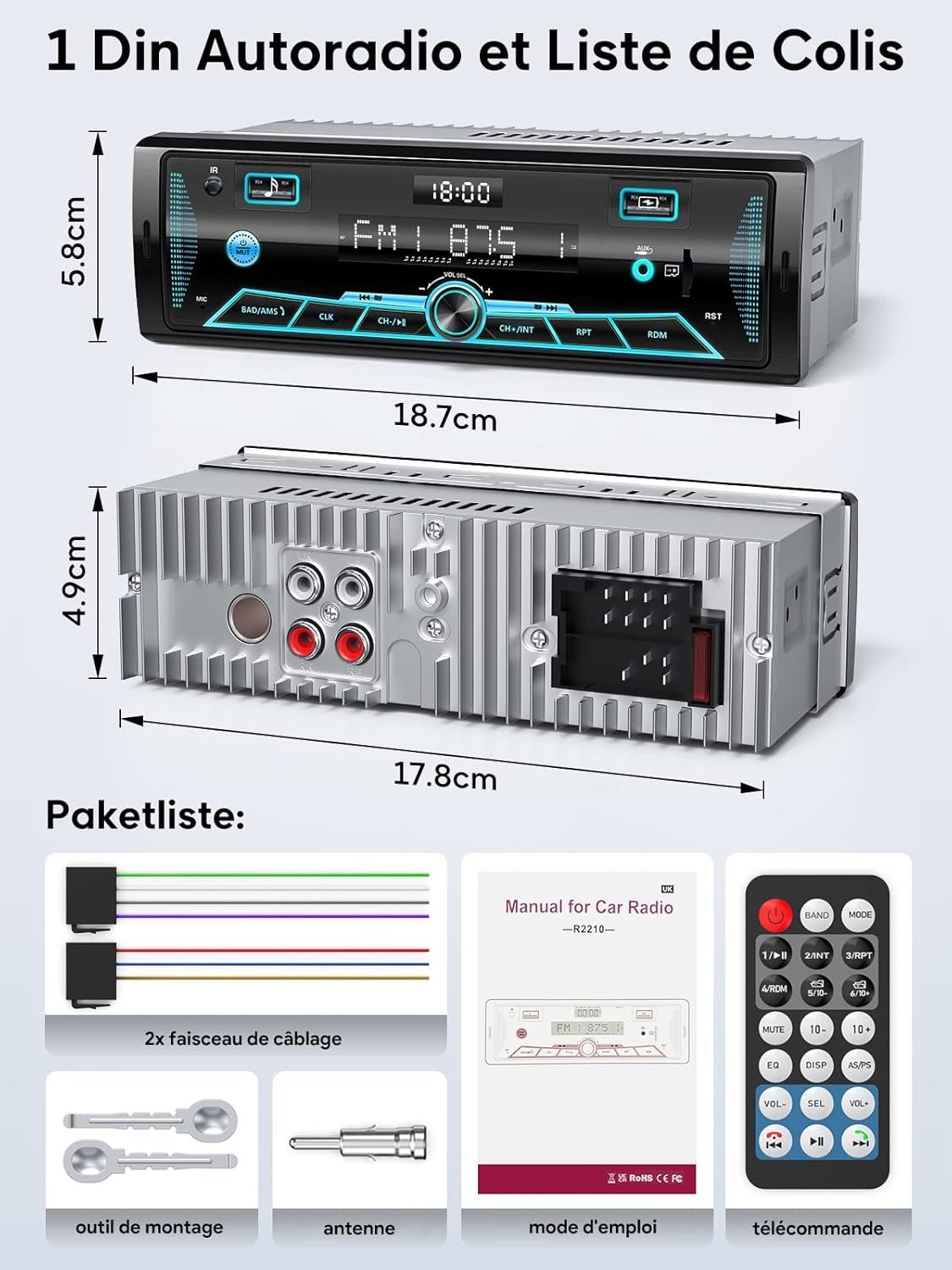 Autoradio RDS│Bluetooth 5.0│écran LCD│7 couleurs│FM/AM│USB│SD│AUX│TF│4x65W - Image 7