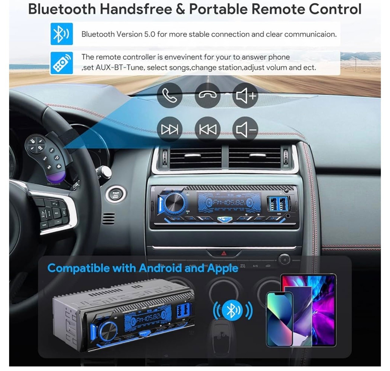 DAZZMO│RDS Autoradio N-2002│ Bluetooth 5.0│ 1 DIN Mains-libres USB/TF 7 Couleurs - Image 2