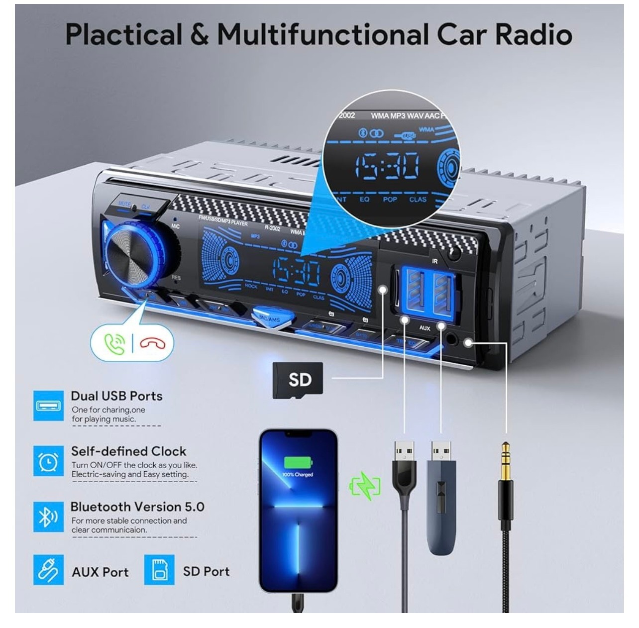 DAZZMO│RDS Autoradio N-2002│ Bluetooth 5.0│ 1 DIN Mains-libres USB/TF 7 Couleurs - Image 5