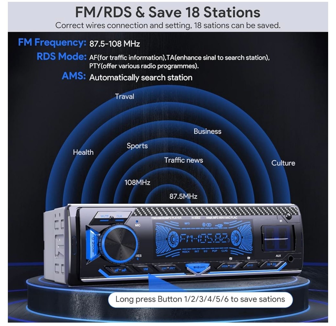 DAZZMO│RDS Autoradio N-2002│ Bluetooth 5.0│ 1 DIN Mains-libres USB/TF 7 Couleurs - Image 8