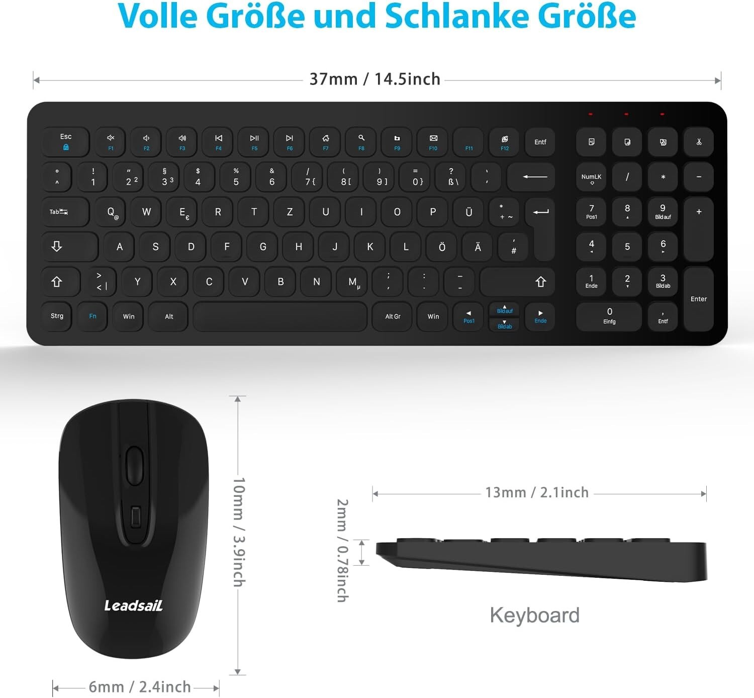 Clavier et souris sans fil, 2,4 GHz QWERTZ souris silencieuse sans fil Leadsail - Image 3