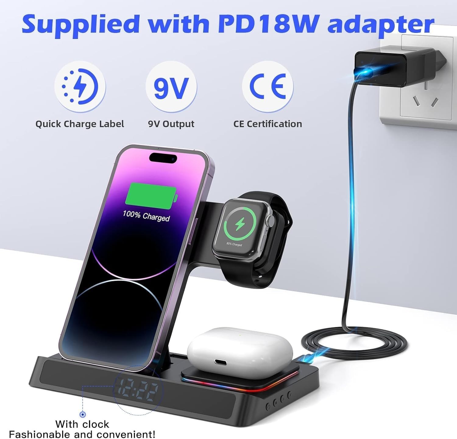 Chargeur sans fil 4-en-1 │IPhone│Apple Watch│Ecouteurs TWS │Compatibles Qi - Image 2