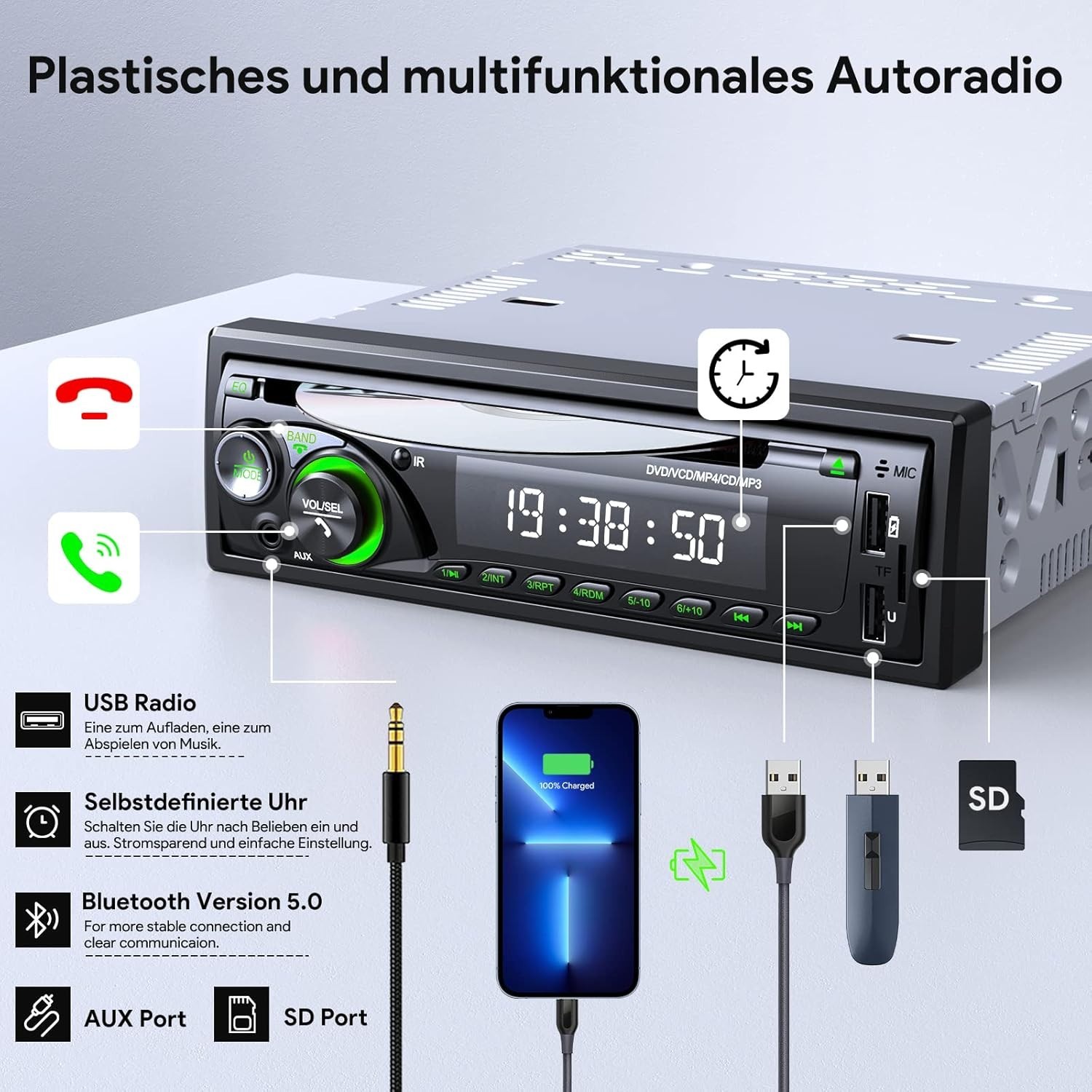 Autoradio de voiture│Chismos│MP3 Bluetooth │FM/AM │USB │SD │AUX │Affichage LED - Image 2