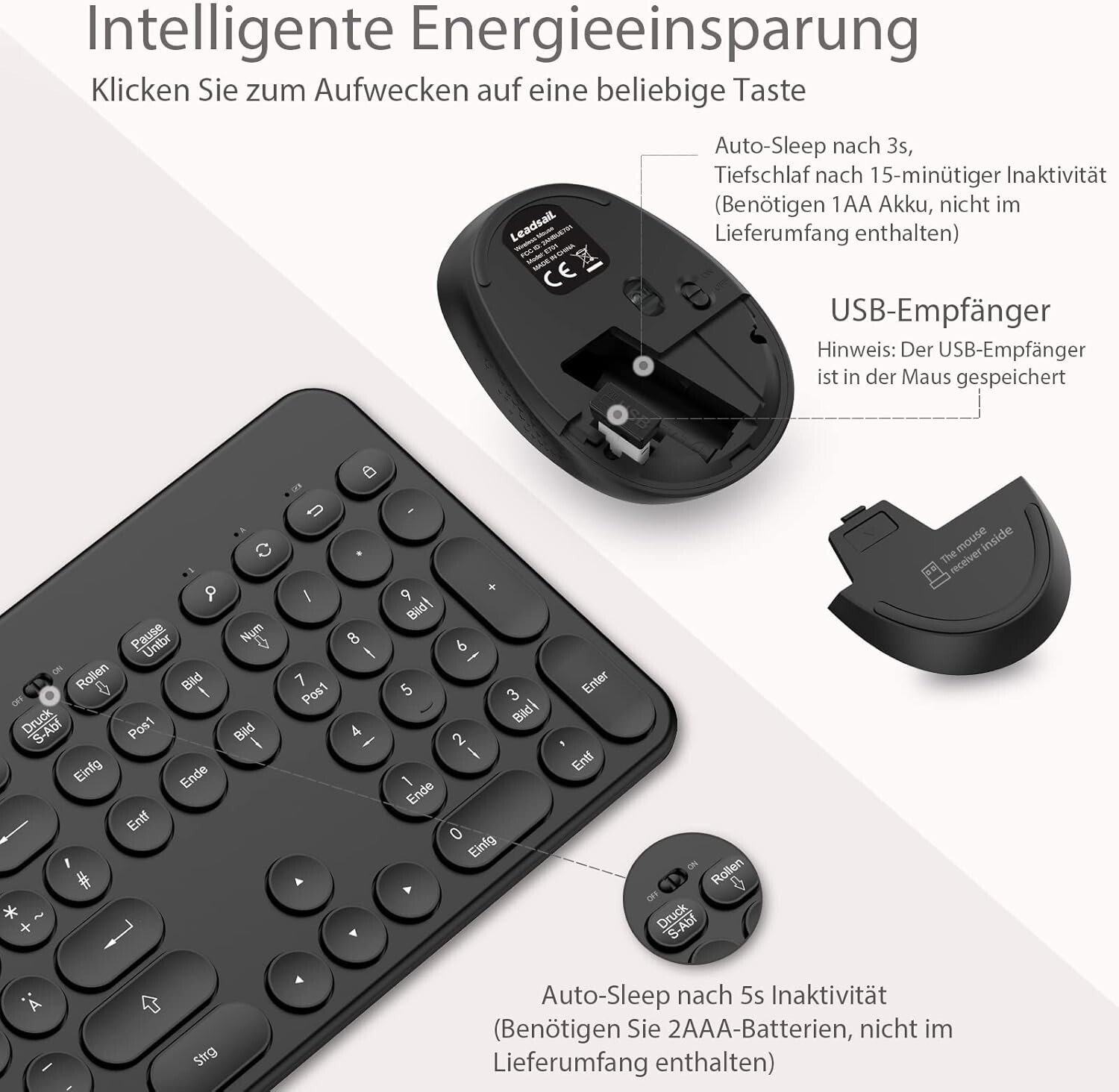 Clavier Souris sans fil, ergonomique, QWERTZ PC sans fil Leadsail K933-Noir - Image 5
