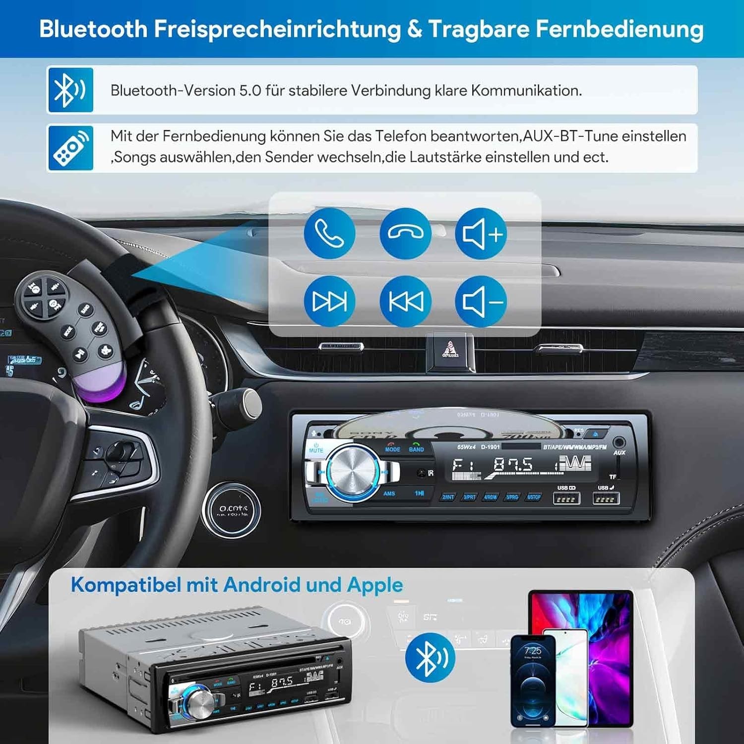 Autoradio Bluetooth CD DVD Lecteur, CENXINY RDS Poste Radio Voiture Bluetooth 5. - Image 7