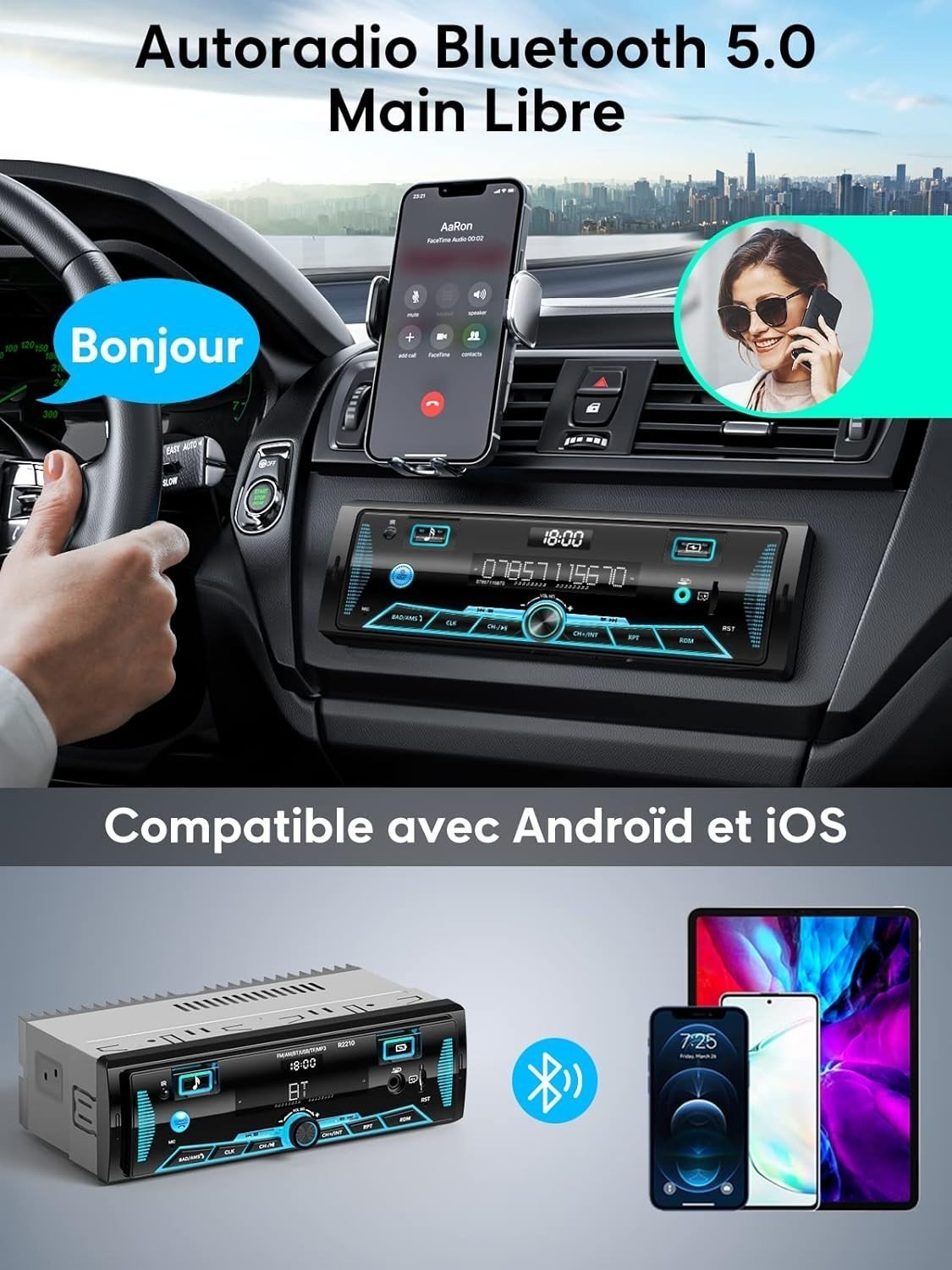 Autoradio Bluetooth 5.0 RDS 1DIN LCD USB SD AUX FM AM 7 Couleurs - Image 2