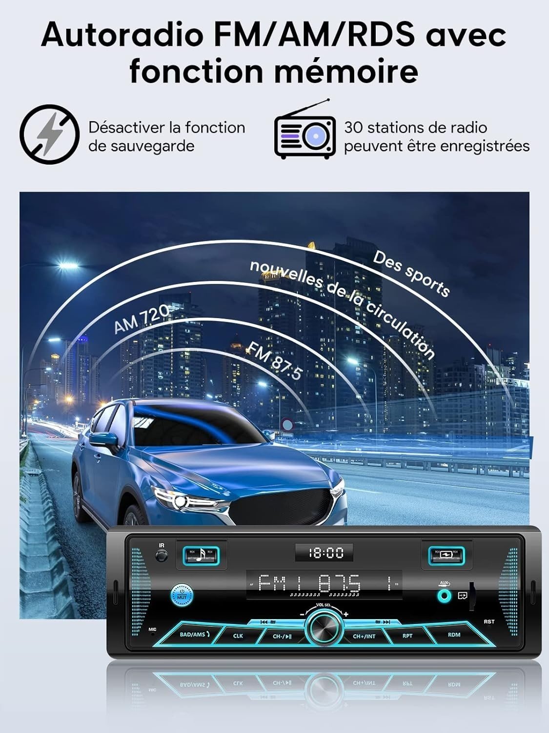 Autoradio Bluetooth 5.0 RDS 1DIN LCD USB SD AUX FM AM 7 Couleurs - Image 4