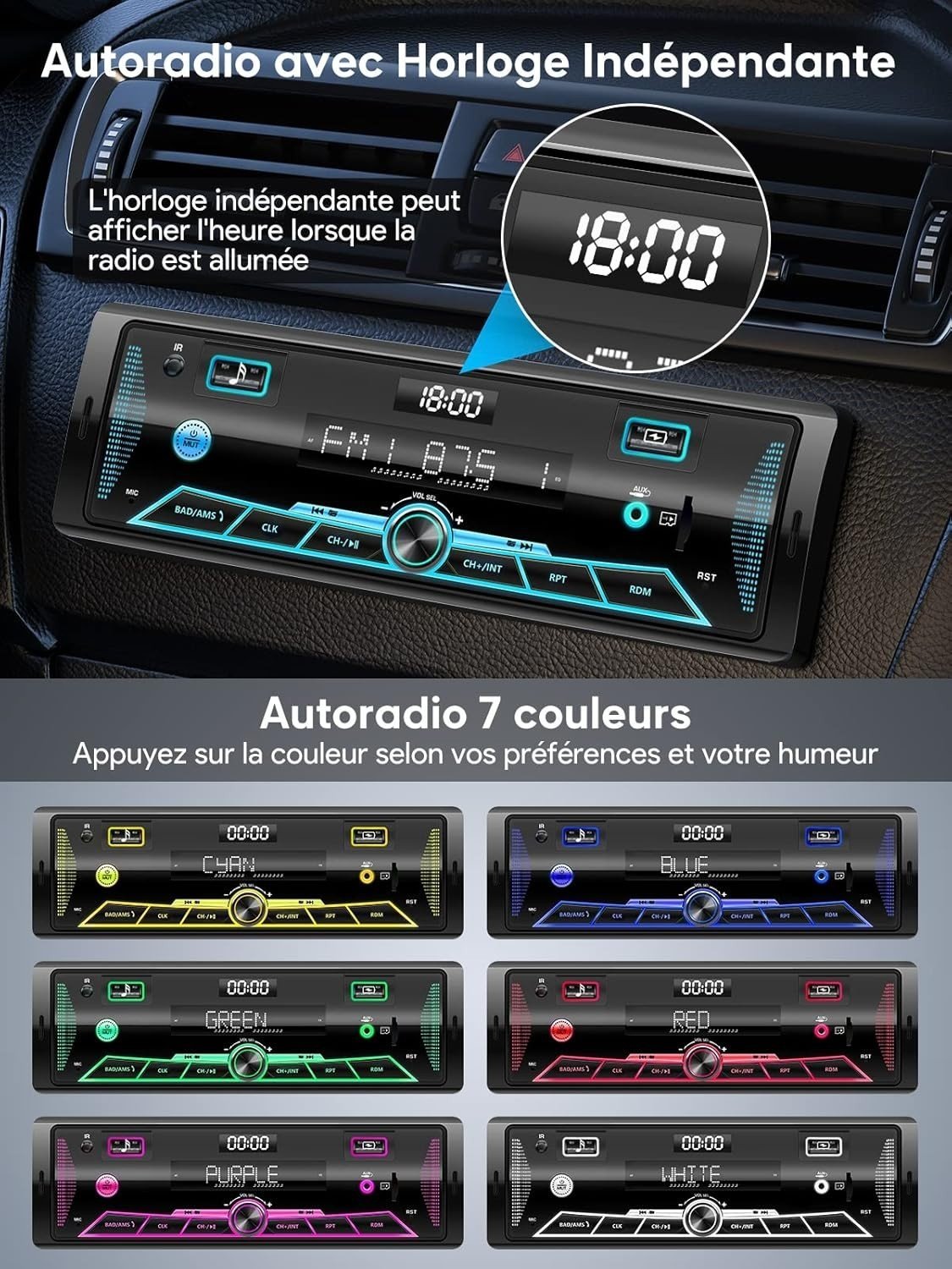 Autoradio Bluetooth 5.0 RDS 1DIN LCD USB SD AUX FM AM 7 Couleurs - Image 5
