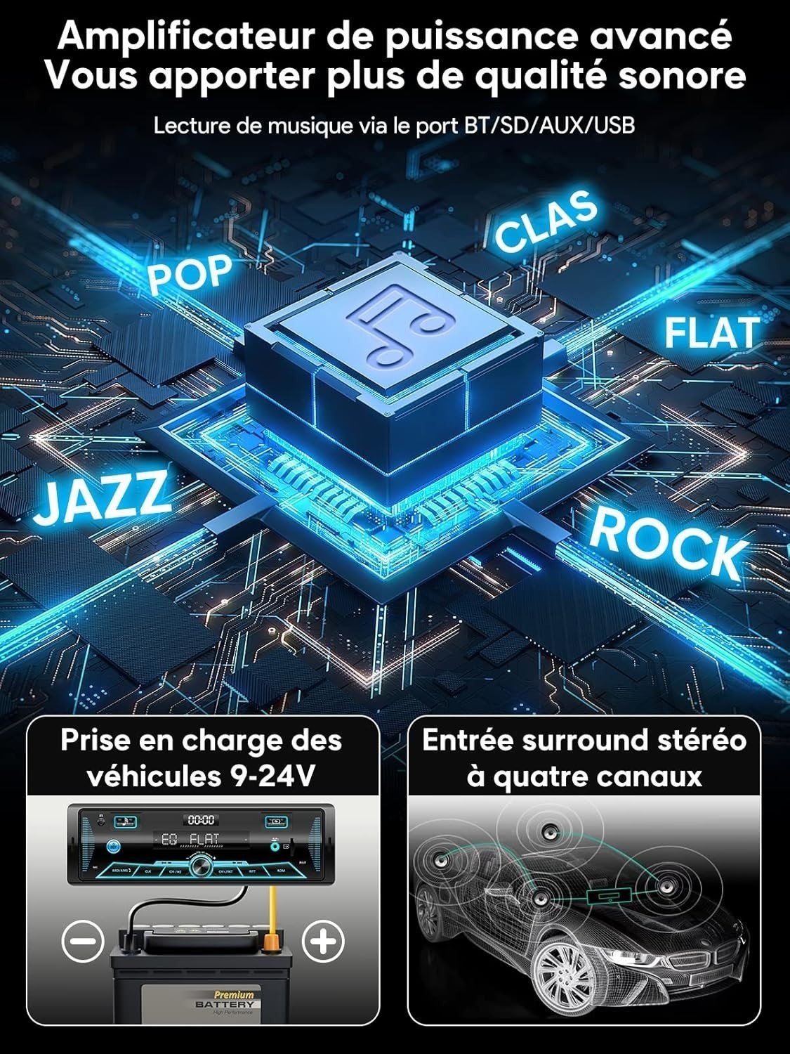 Autoradio Bluetooth 5.0 RDS 1DIN LCD USB SD AUX FM AM 7 Couleurs - Image 6