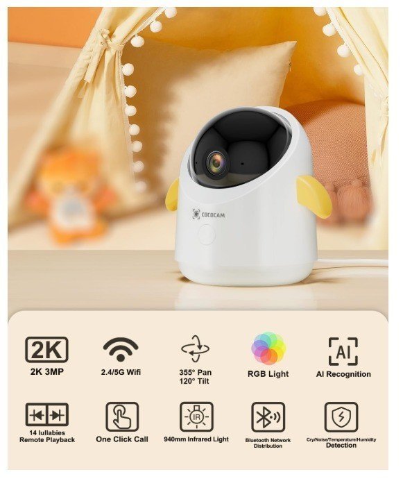 Caméra Bébé Wi‑Fi Cococam 2K – Vision Nocturne, Pleurs, Rotation 355°/120° - Image 4