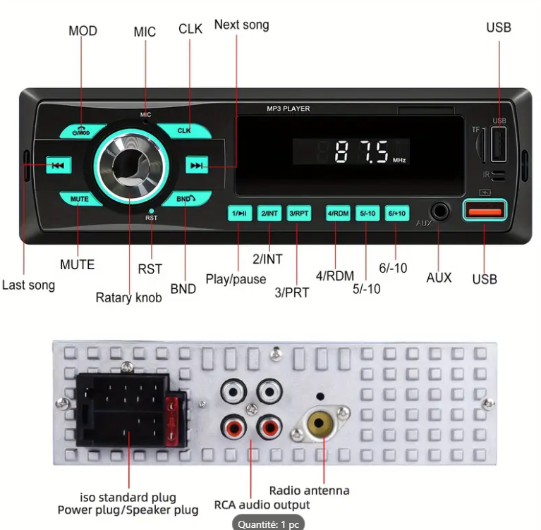 Autoradio R2214 Bluetooth MP3 2 USB AUX FM Voiture - Image 7