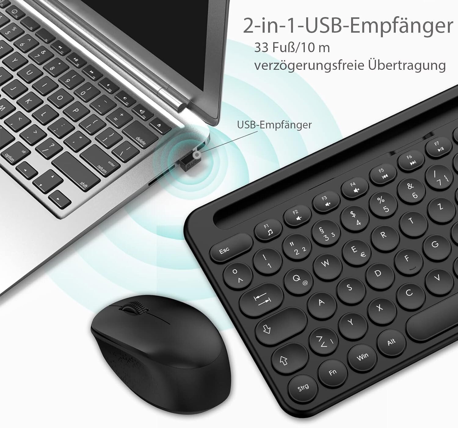 Clavier Souris sans fil, ergonomique, QWERTZ PC sans fil Leadsail K933-Noir - Image 2