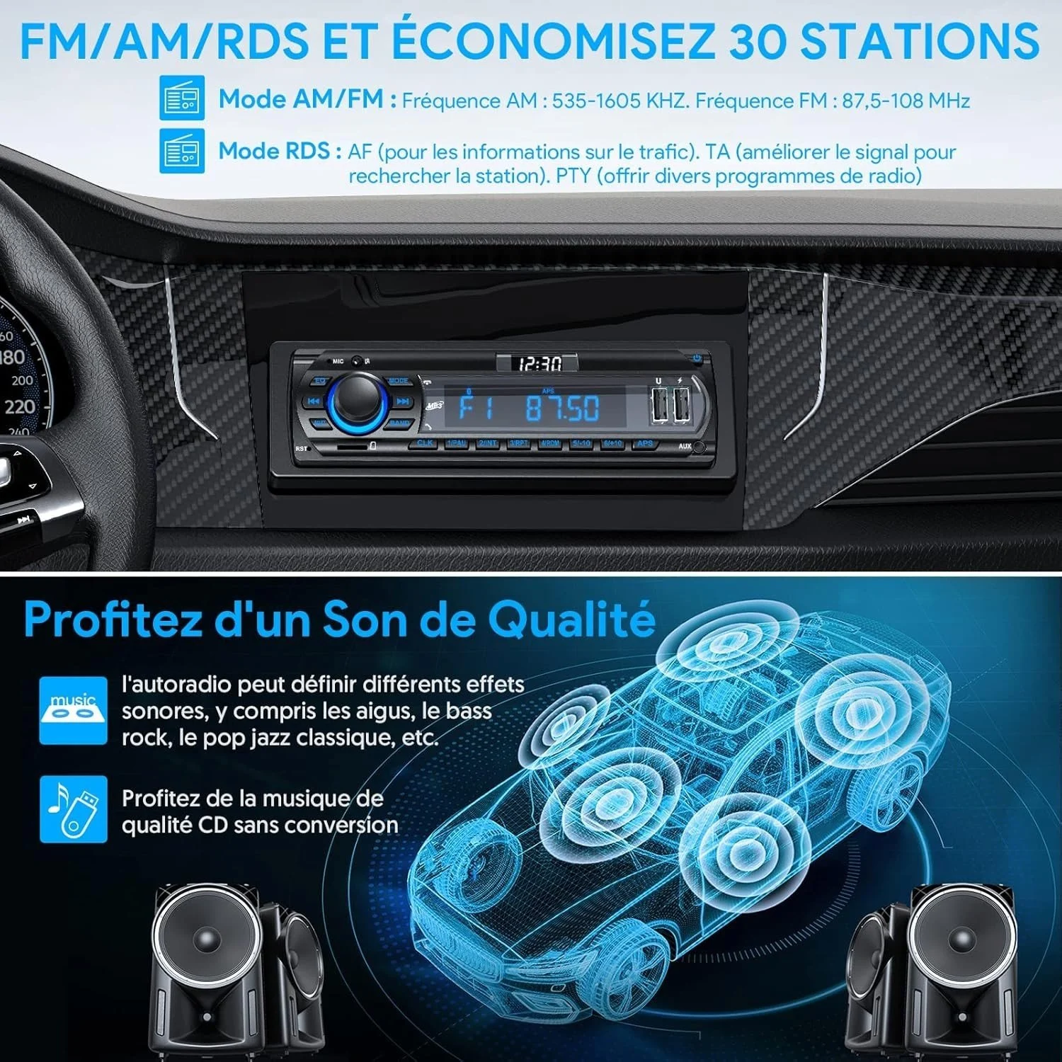 Autoradio 1DIN Bluetooth USB AUX FM RDS MP3 Universel - Image 5
