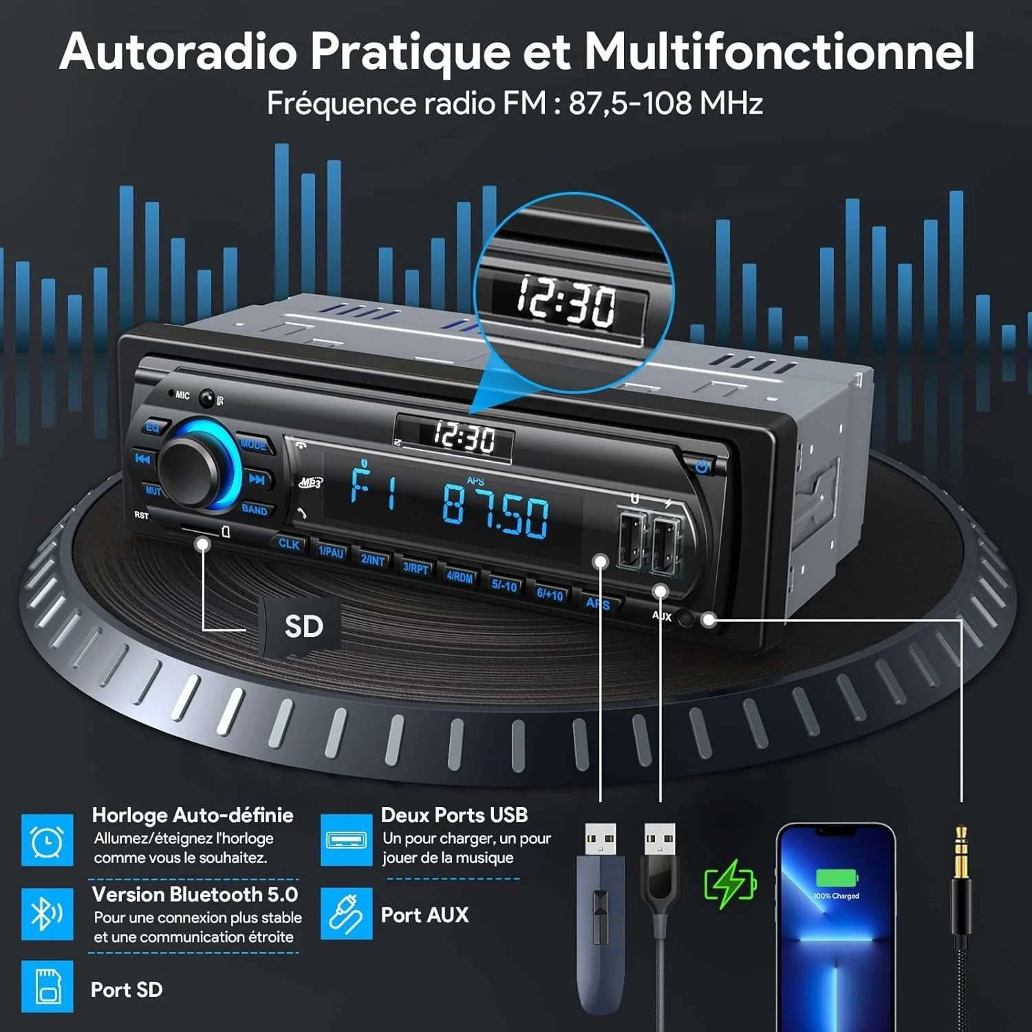 Autoradio 1DIN Bluetooth USB AUX FM RDS MP3 Universel - Image 6
