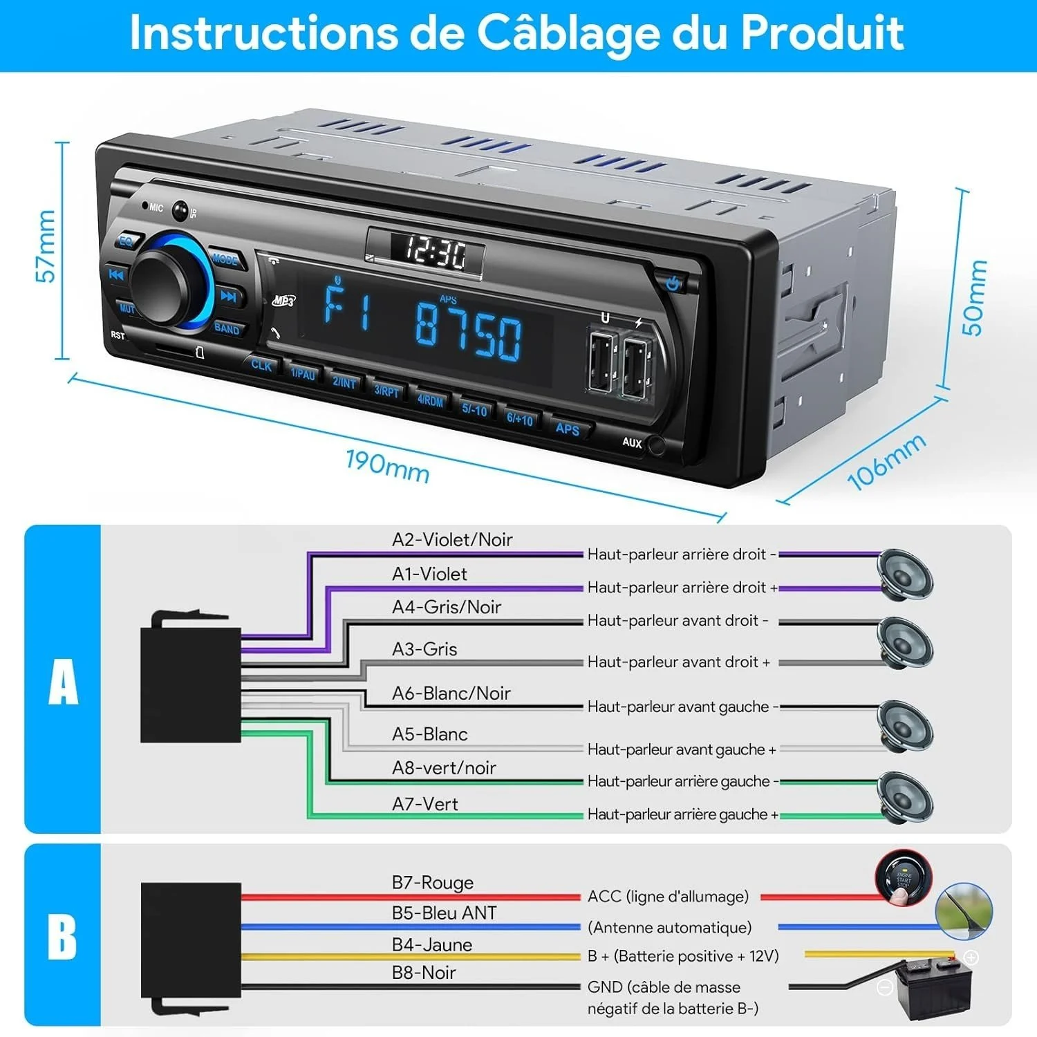 Autoradio 1DIN Bluetooth USB AUX FM RDS MP3 Universel - Image 7