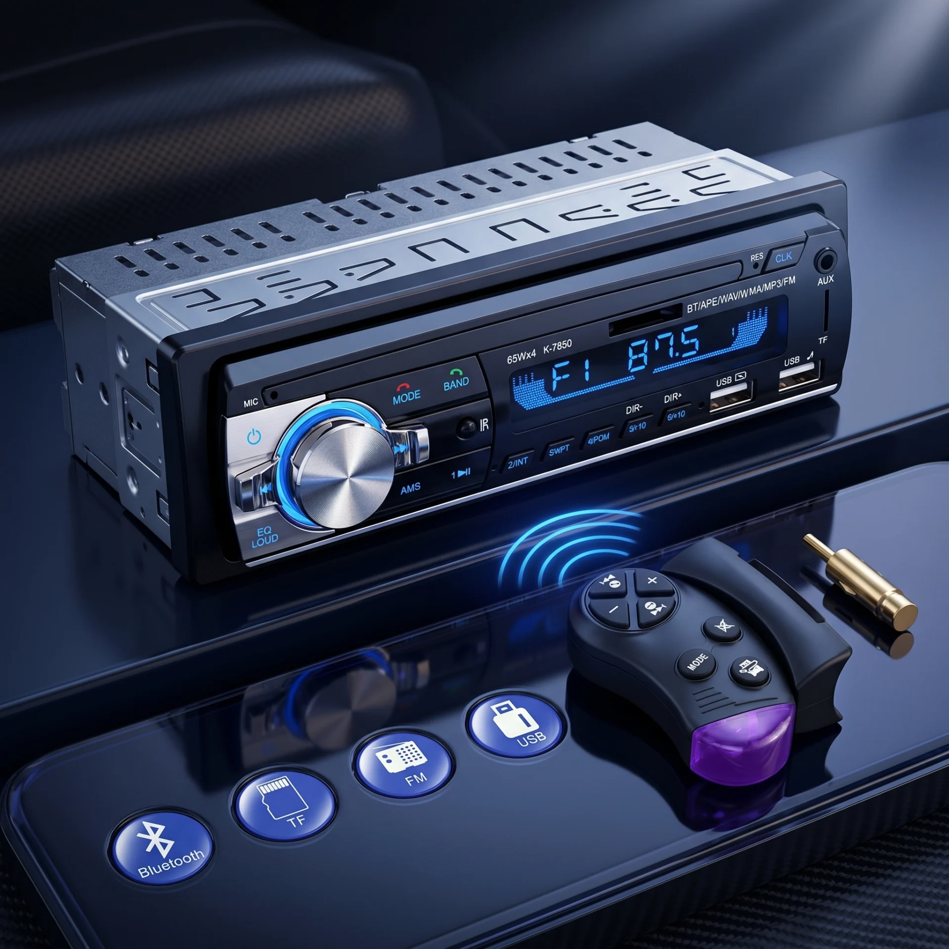 Autoradio Bluetooth 1DIN USB SD FM AM Télécommande Voiture