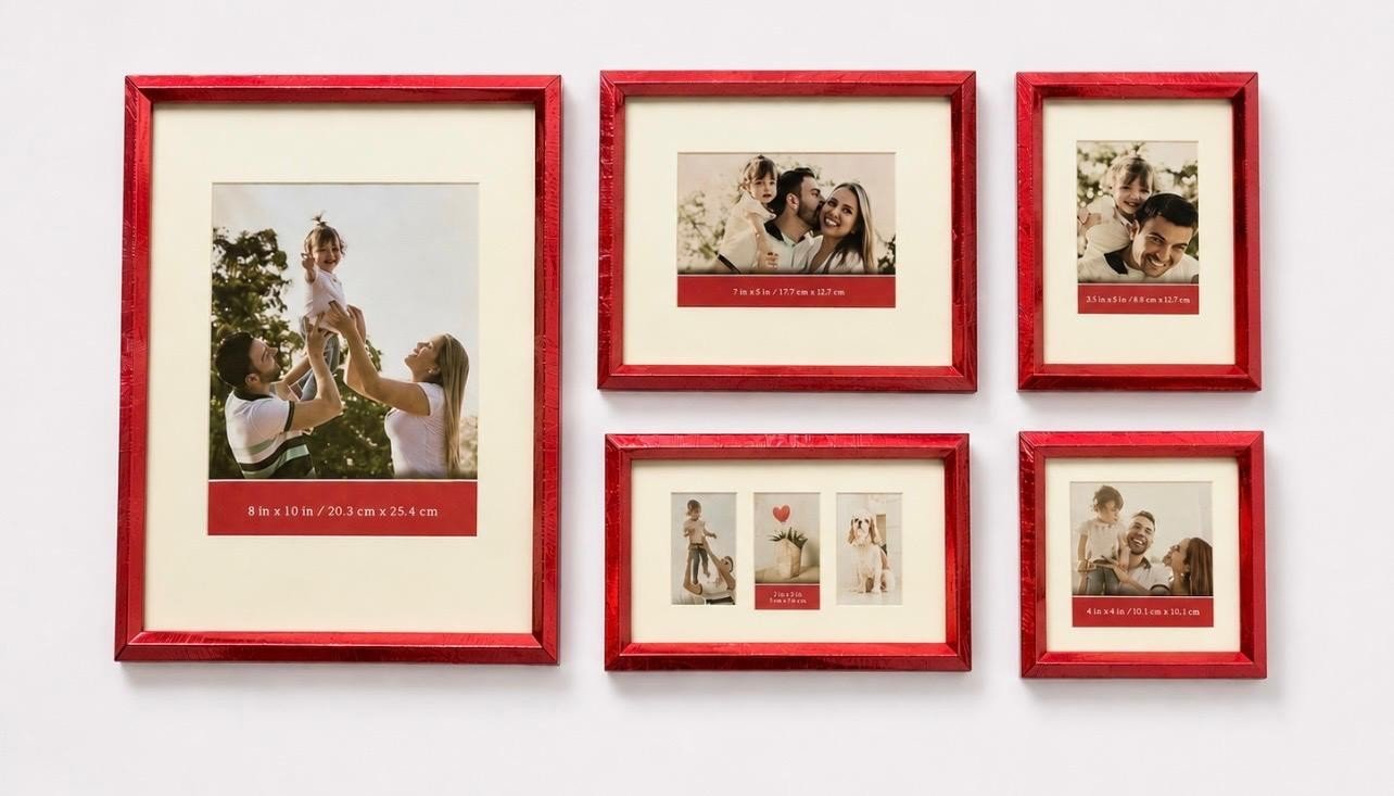 Lot 5 Cadres Photo Rouge Verni - Design Moderne - Décoration Murale Élégante
