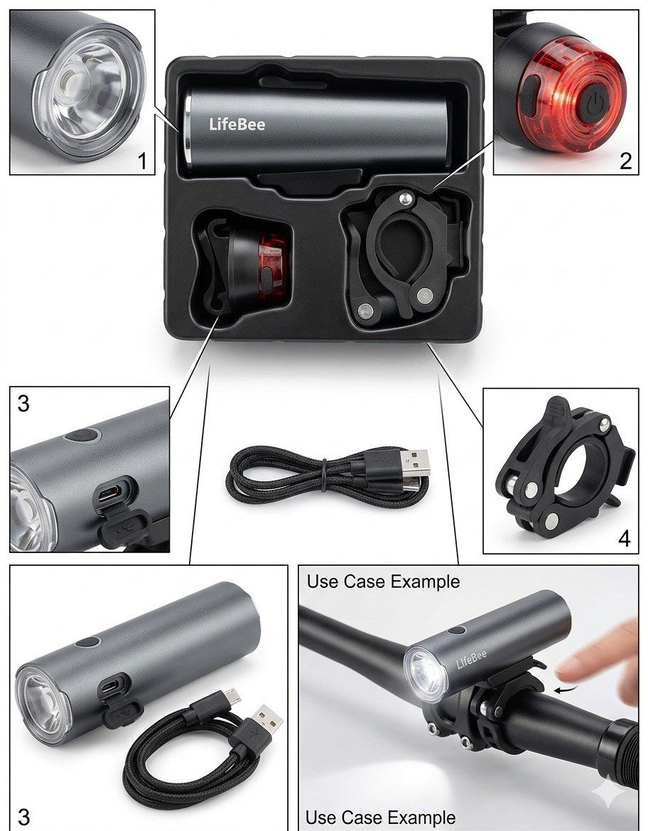 Éclairage LED pour vélo｜Lampe vélo｜Kit d'éclairage｜Led rechargeable