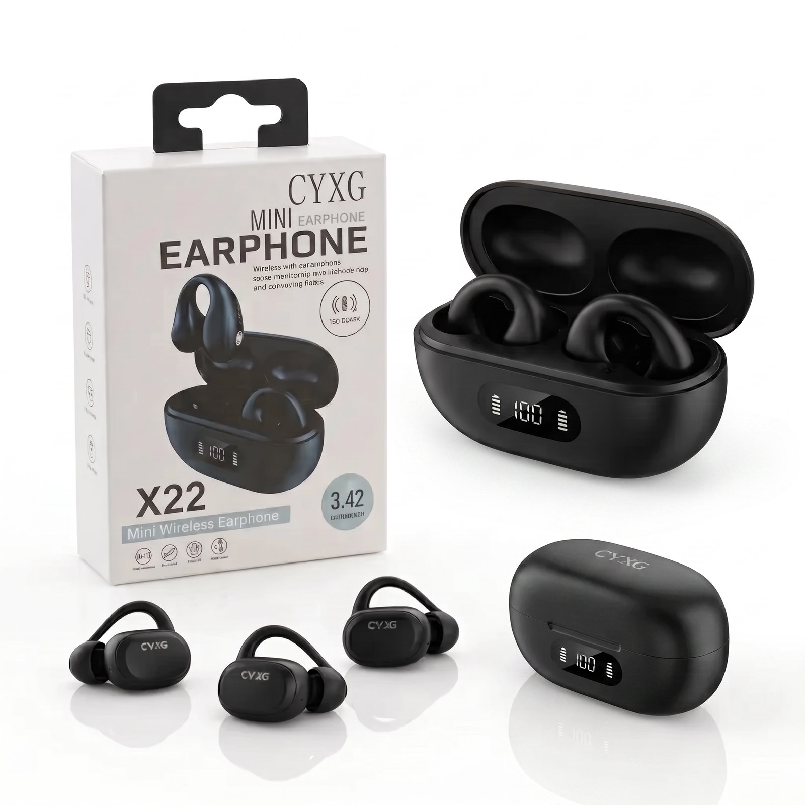 Écouteurs Sans Fil Bluetooth X22 Mini Clip-On Sport TWS Affichage LED Noir