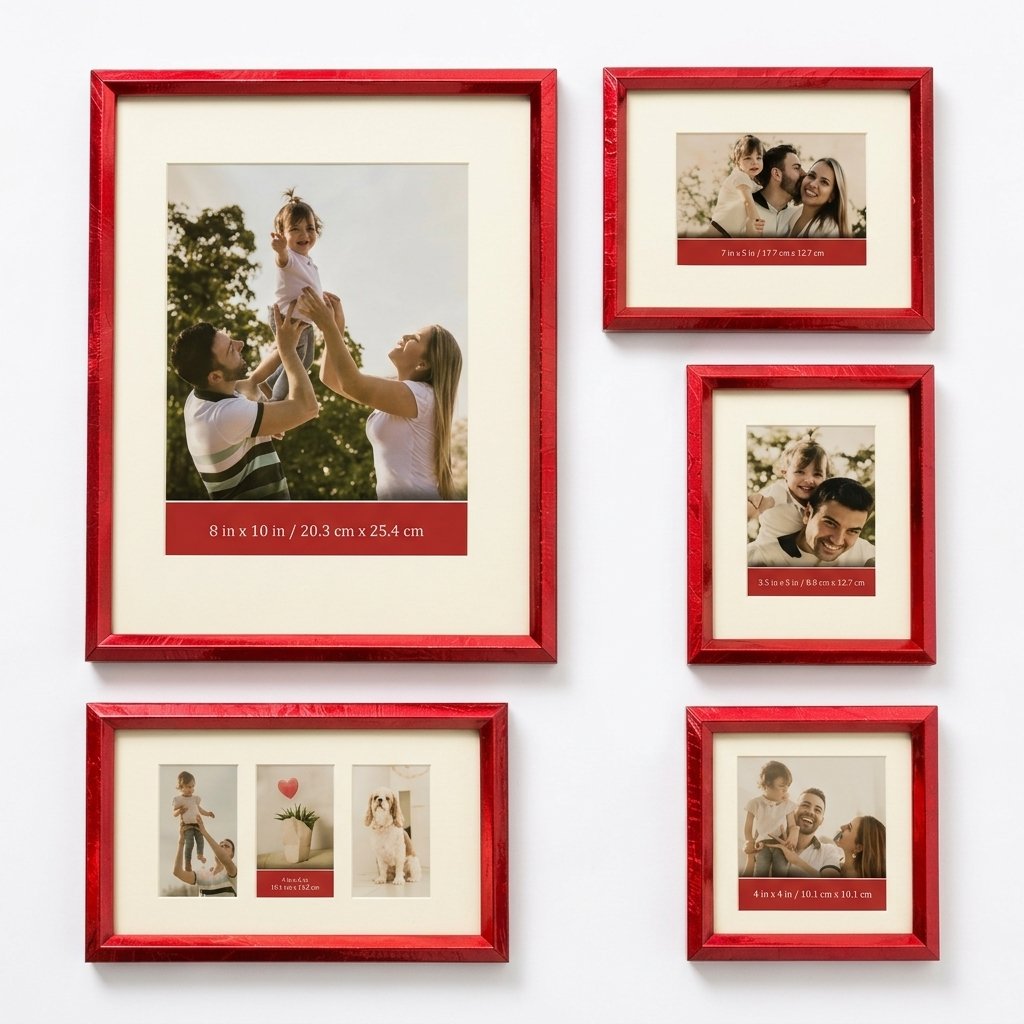 Lot 5 Cadres Photo Rouge Verni - Design Moderne - Décoration Murale Élégante