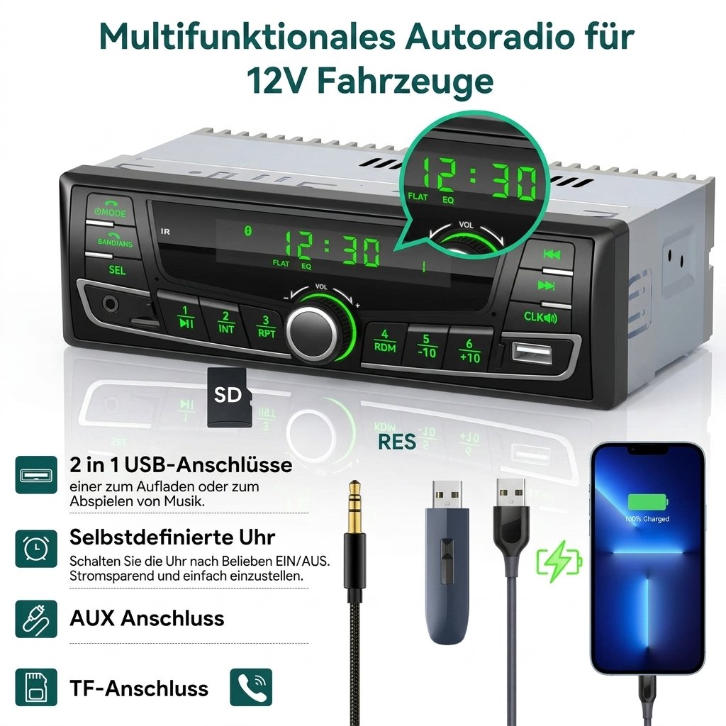 Autoradio │Bluetooth 5.0 RDS│FM AM│USB│SD│AUX│MP3│65Wx4│LED│7 Couleurs