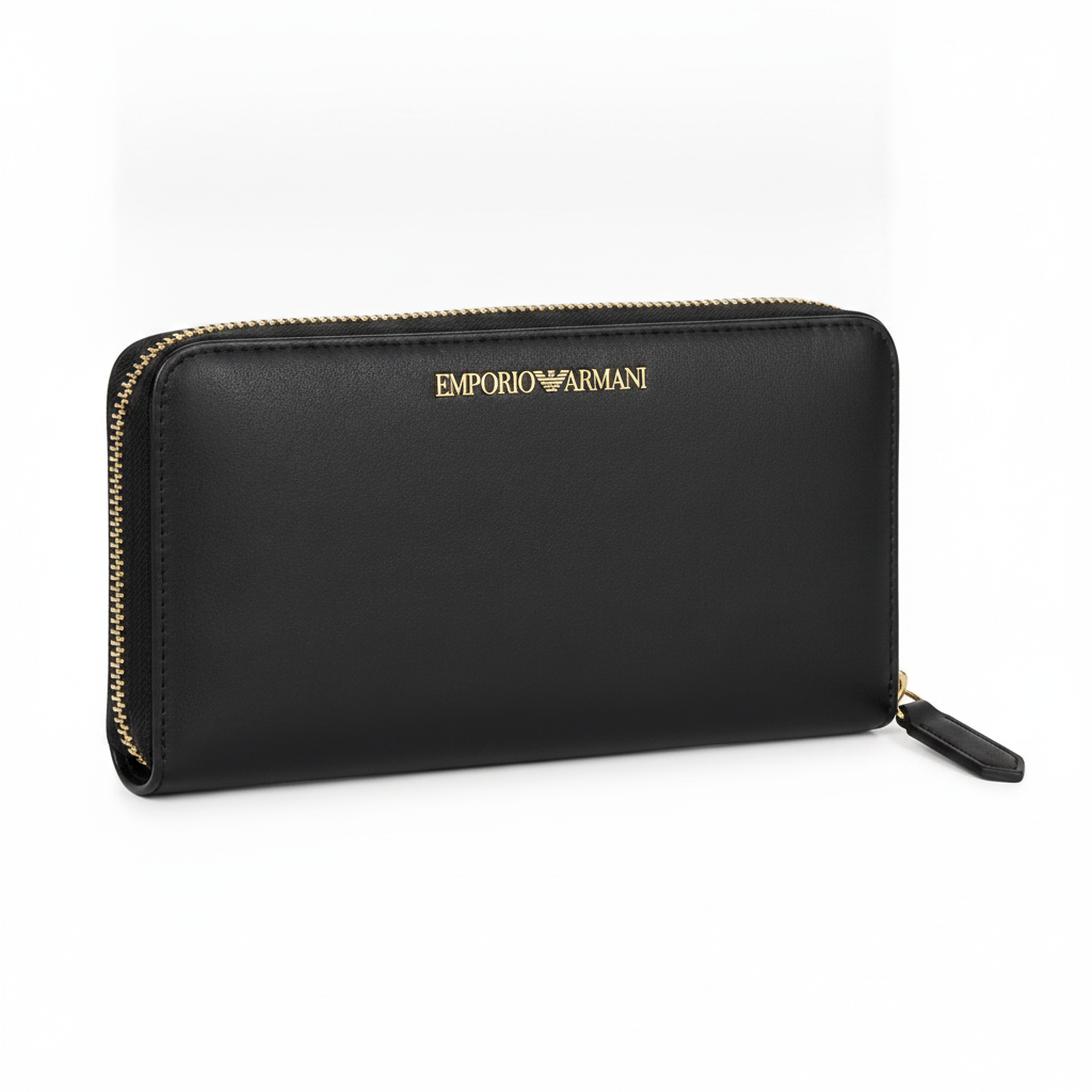 Emporio Armani Black Wallet Y3H010 Zip Leather Card Holder Clutch Gold Logo
